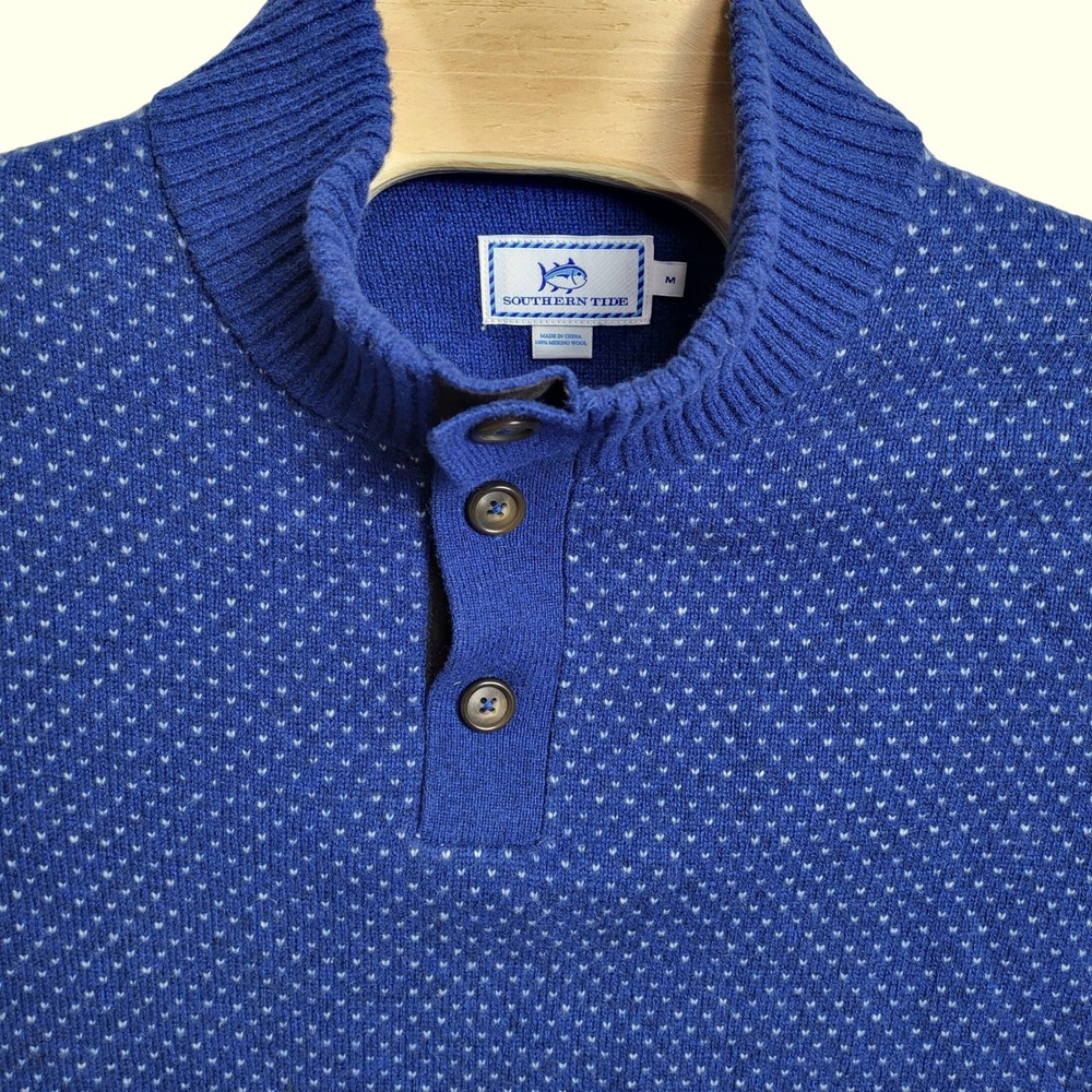 Southern Tide Mens Medium‎ Blue Button Mock Neck Pullover Knit Sweater Textured